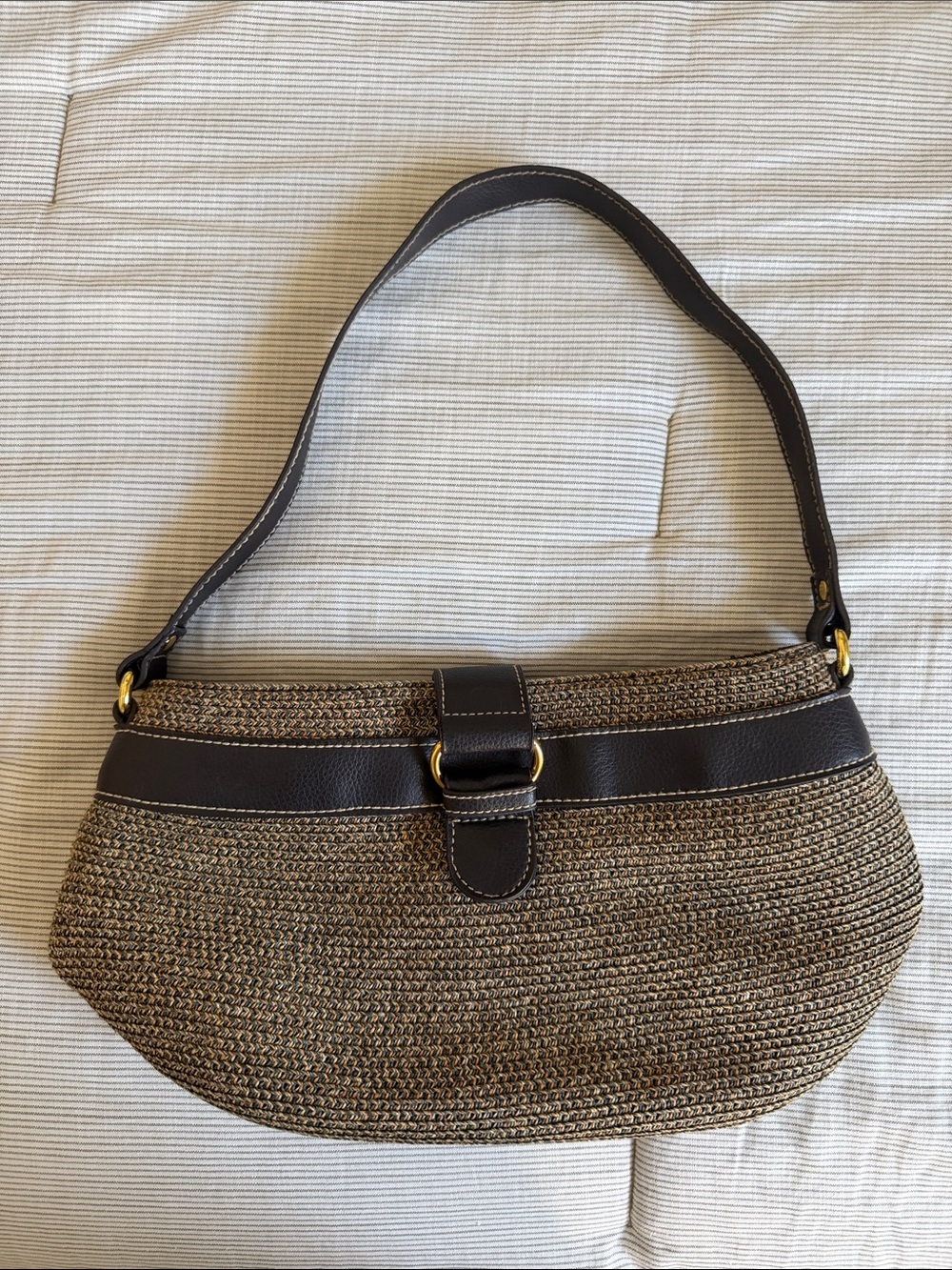 Woven Straw Shoulder Bag with Dark Brown Trim